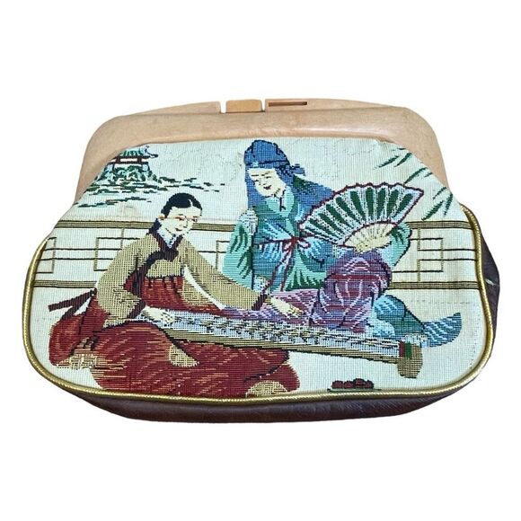 Vintage 70s Asian Tapestry Clutch Handbag Multi-Color Scenery Mini Bag Purse - Picture 1 of 9